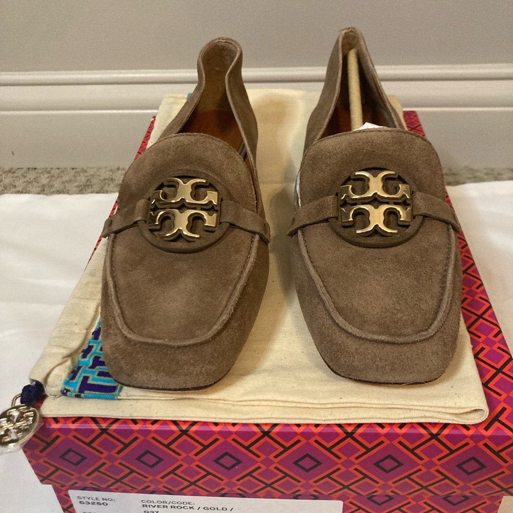 Tory Burch Tan Suede Miller Loafers with Gold Logo